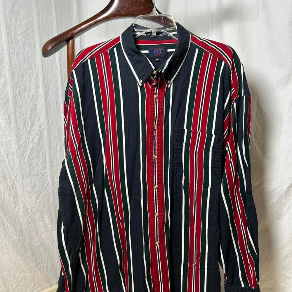 Salmon River Traders Striped Red Blue Green Cotton Button Up Shirt Mens Tall 2XL